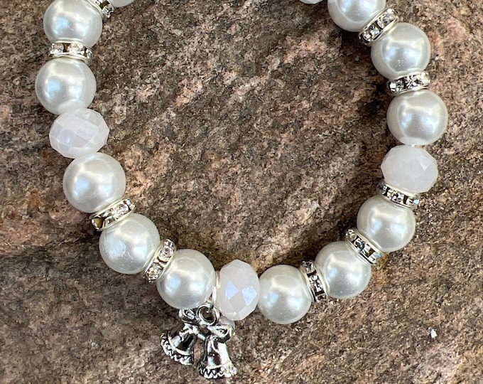 White Pearl Bead & Rhinestone Bracelet with Christmas Bells Charm