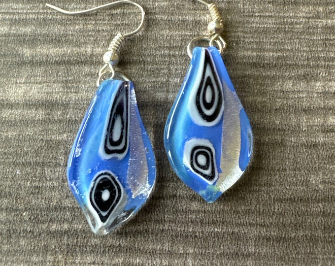 Blue/Black/Silver Drop Lampwork Millefiori Glass Earrings