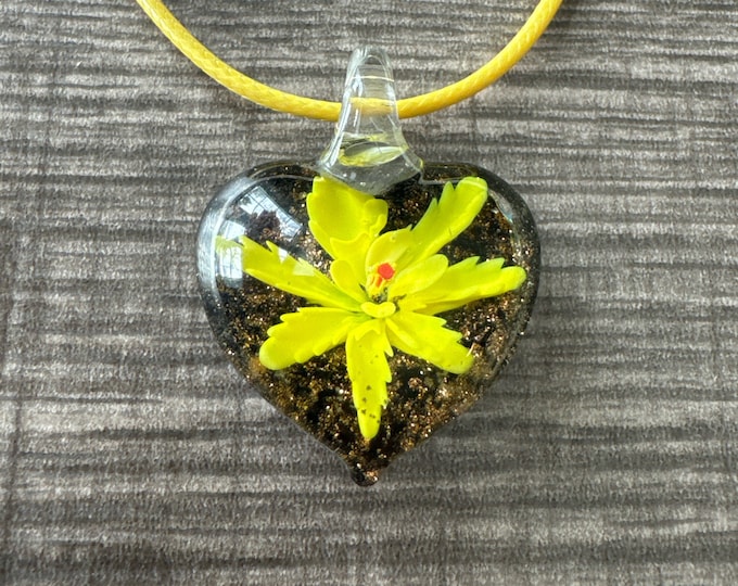 Yellow Flower Pendant | Murano Glass Heart | Flower Pendant Necklace