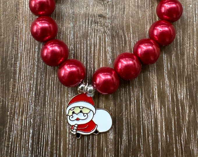 Santa Charm Red Pearl Bead Bracelet