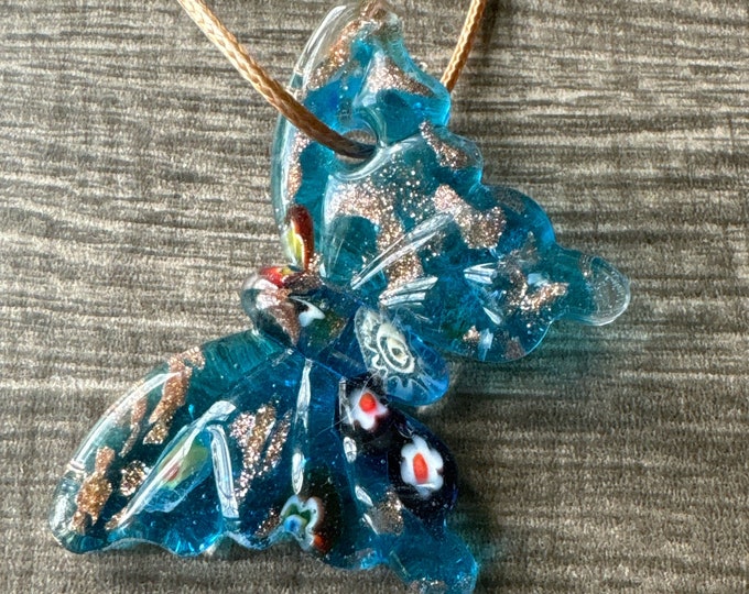 Blue Millefiori Butterfly Glass Pendant Necklace