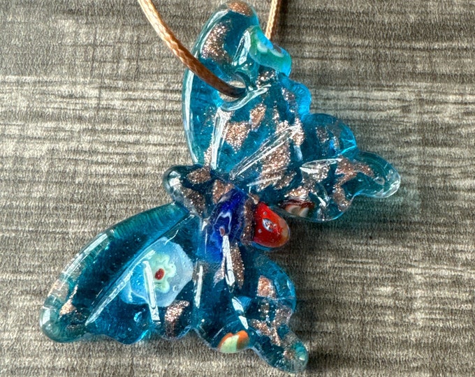 Blue Millefiori Pendant | Butterfly Glass Pendant Necklace
