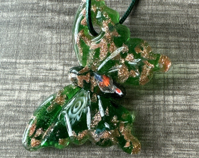 Green Millefiori Glass Butterfly Pendant Necklace