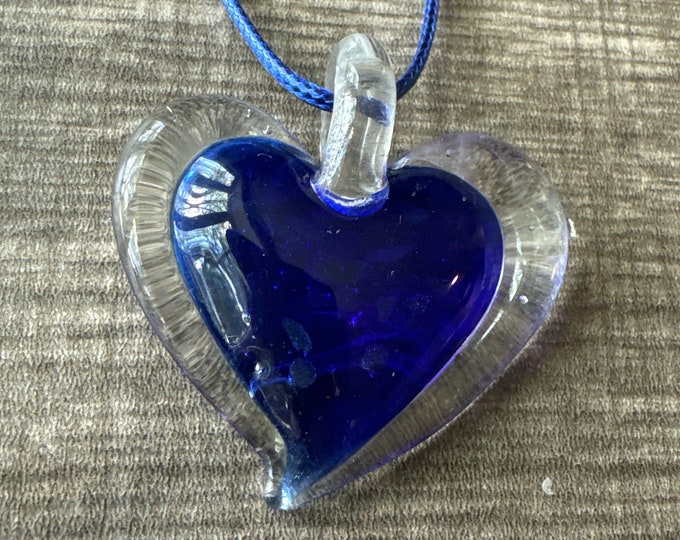 Clear Trim/Blue Heart Pendant | Murano Glass Heart | Heart Pendant Necklace