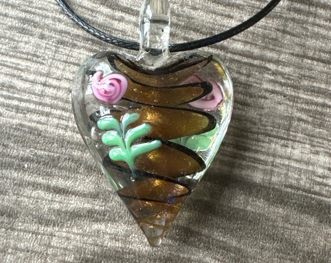Gold/Black Swirl Heart Pendant | Murano Glass Heart | Heart Pendant Necklace