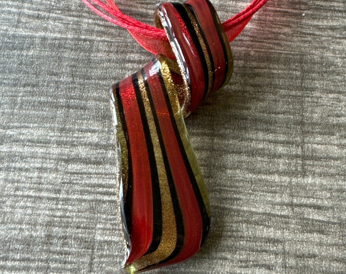 Red/Gold Stripe Spiral Pendant | Murano Inspired Glass Spiral | Spiral Pendant Necklace