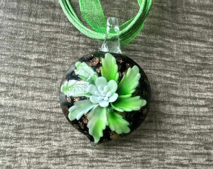 Green Flower Pendant | Lampwork Flower Pendant | Murano Glass Flower | Flower Pendant Necklace