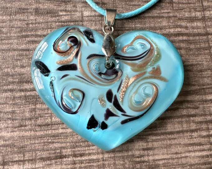 Blue Heart Pendant | Lampwork Flat Glass Heart | Heart Pendant Necklace