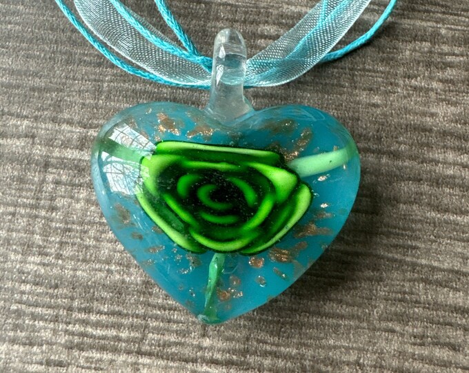 Green Flower Heart Pendant | Murano Glass Heart | Heart Pendant Necklace