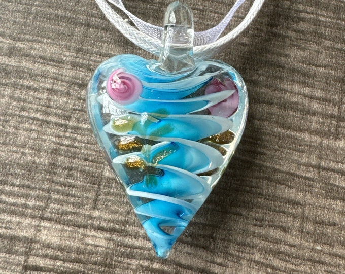 Aqua Blue/White Heart Pendant | Murano Glass Heart | Swirl Heart Pendant Necklace