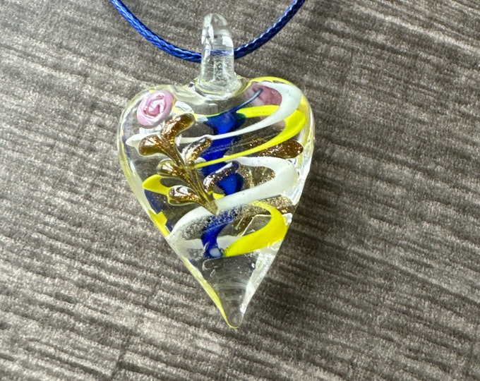 White/Yellow/Blue Swirl Murano Glass Heart Pendant Necklace
