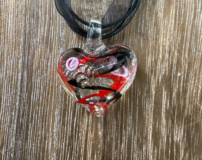 Black/Red Heart Pendant | Murano Glass Heart | Swirl Pendant Necklace