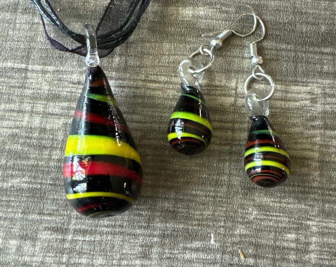 Black/Yellow/Red Drop Pendant Set | Glass Dangle Pendant Necklace & Earring Set