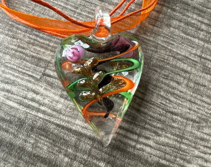 Orange/Green Heart Pendant | Murano Glass Heart | Swirl Heart Pendant Necklace