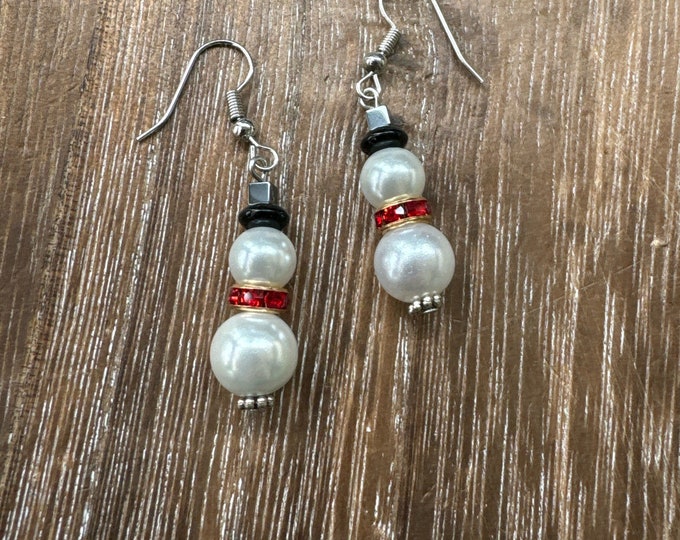Pearl Snowman with Red Rhinestone Earrings