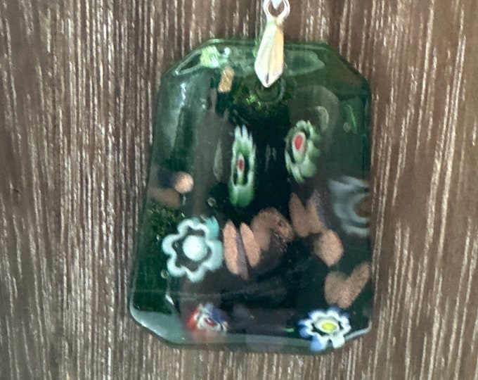 Green Millefiori Rectangle Lampwork Glass Pendant Necklace
