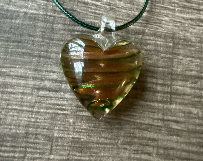 Green/Gold Lamp-Work Glass Swirl Heart Pendant Necklace