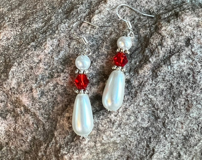 Teardrop Pearl & Red Faceted Bicone Bead Earrings