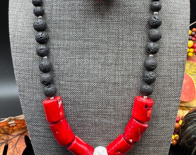 Bamboo Coral & Black Lava Beaded Necklace