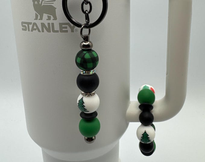 Green Christmas Tree Tumbler Handle Bracelet | Stanley Cup Accessories | Cup Handle Bracelet | Green Plaid Straw Charm/Purse Charm