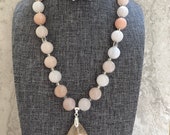 Natural Agate of Cherry Blossoms Teardrop Pendant and Pink Aventurine Beads Necklace with Matching Earrings Set