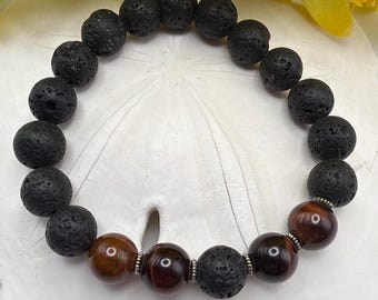 Pulsera de Ojo de Tigre Natural y Piedra Volcánica