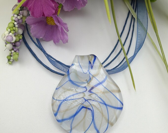 White/Blue/Gold Clam Shell Pendant | Glass Clamshell Pendant Necklace