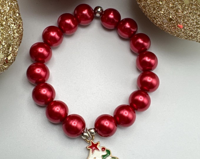 Christmas Tree Charm Bracelet: Red Pearl Bead Holiday Jewelry