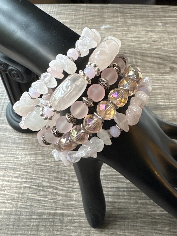 Rose Quartz Stone Chip Memory Wire Bracelet