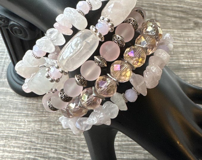 Rose Quartz Stone Chip Memory Wire Bracelet