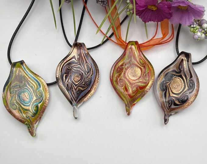 Glass Leaf Pendant Necklace| Murano Inspired Glass Leaf | Lampwork Glass Leaf Pendant Necklace
