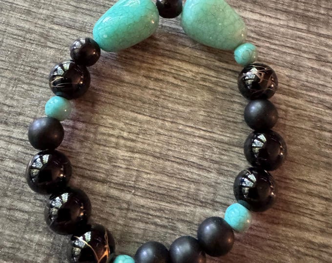 Turquoise  & Black Bead Stretch Bracelet | Beaded bracelet | Morse code - Love | Message in a Bracelet  | Quote Bracelet
