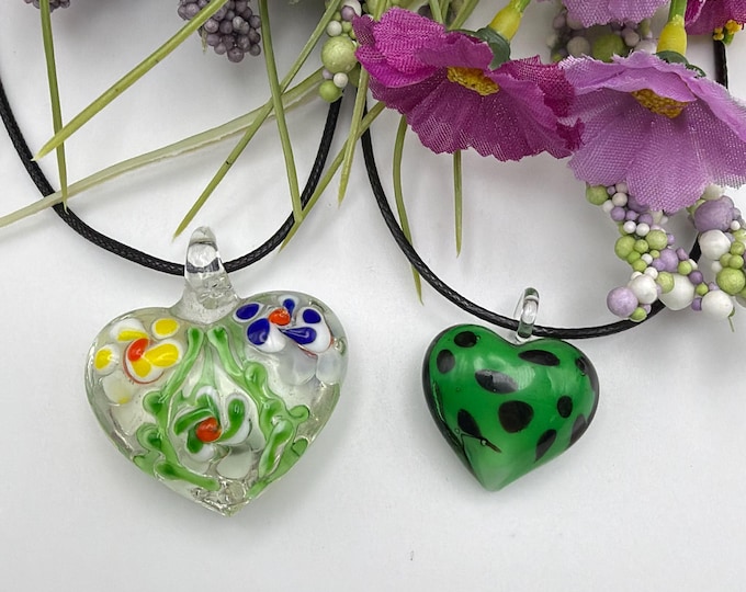 Heart Lampwork Pendant | Lampwork Flower Heart Pendant Necklace