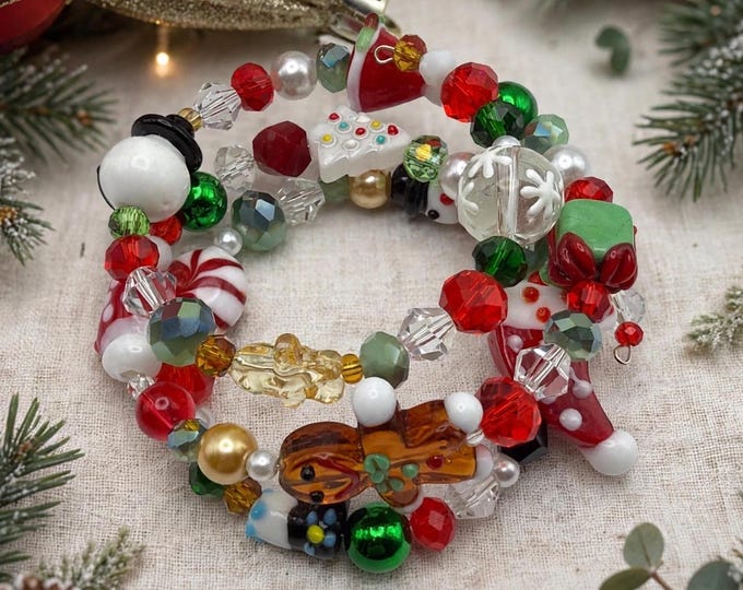 Lampwork Glass Christmas Memory Wire Bracelet – Gingerbread Snowman Wrap Bracelet, Holiday Jewelry