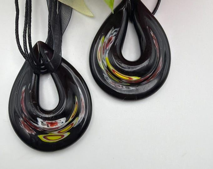 Black Millefiori Teardrop Pendant | Glass Teardrop Pendant Necklace | Lampwork Glass Pendant