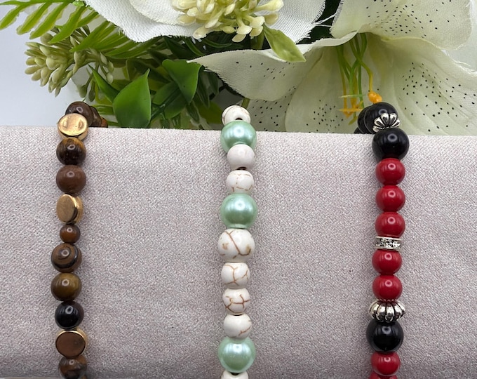 Survivor - Morse code - Survivor | Message in a Bracelet | Quote Bracelet | Howlite, Tiger Eye & Red Coral Stretch Bracelets