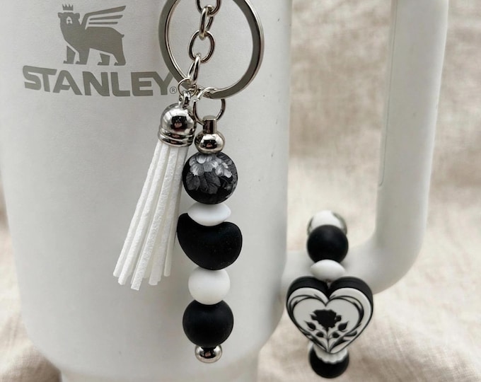 Stanley Tumbler Charm Set – Handle Bracelet + Straw Charm, Black & White Beaded Tumbler Accessories