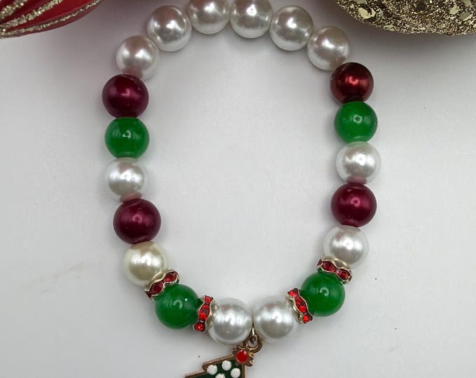 Christmas Tree Charm Bracelet: Red, White & Green Glass Beads