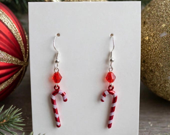 Candy Cane Dangle Earrings – Red White Striped Christmas Earrings, Holiday Jewelry, Xmas Gift