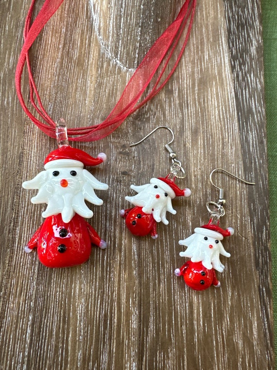 Santa Claus Pendant | Lampwork Glass Santa | Santa & Matching Earrings Necklace Set