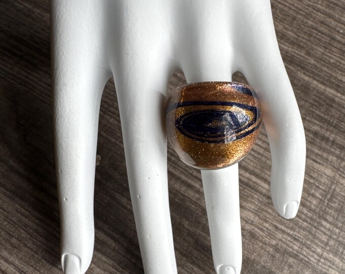Gold/Black Design Statement Murano Glass Ring - Size 8 3/4