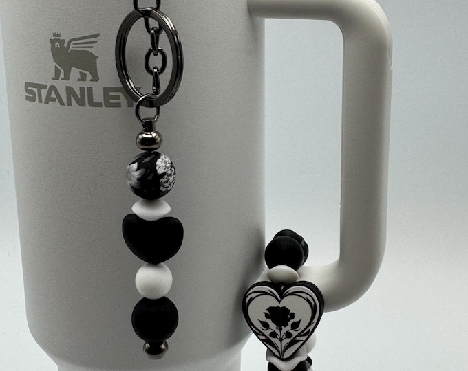 Black Rose/Heart Tumbler Set | Stanley Cup Accessories | Cup Handle Bracelet | Black Rose/Heart Straw Charm/Purse Charm