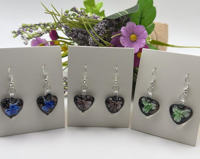 Flower Heart Earrings | Murano Inspired Glass Earrings | Colorful Flower Earrings
