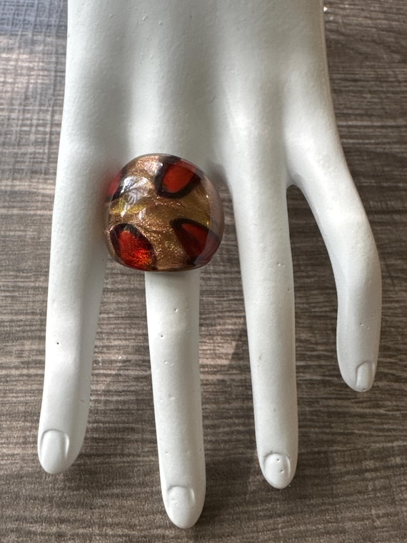Gold/Red Glass Ring | Murano Glass Ring | LampWork Statement Ring