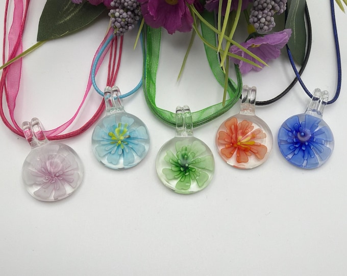 Flower Pendant Necklace | Inlaid Flower Pendant | Colorful Flower Pendant Necklace