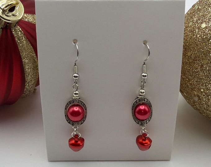 Red Bell Earrings | Red Pearl Christmas Earrings | Stocking Stuffers