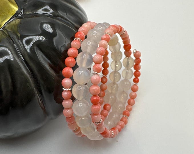 Pink Coral & Moonstone Memory Wire Bracelet | Multi-Strand Memory Wire Bracelet