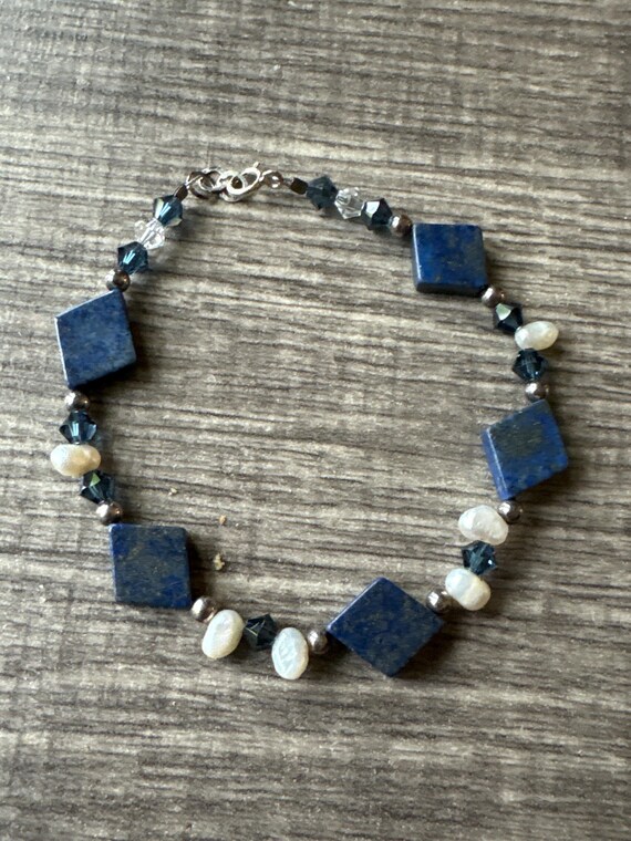 Lapis Lazuli gemstone Bracelet | Lapis with pearls | Swarovski Crystals