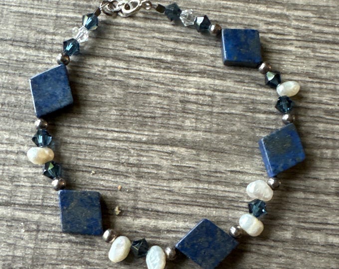 Lapis Lazuli gemstone Bracelet | Lapis with pearls | Swarovski Crystals