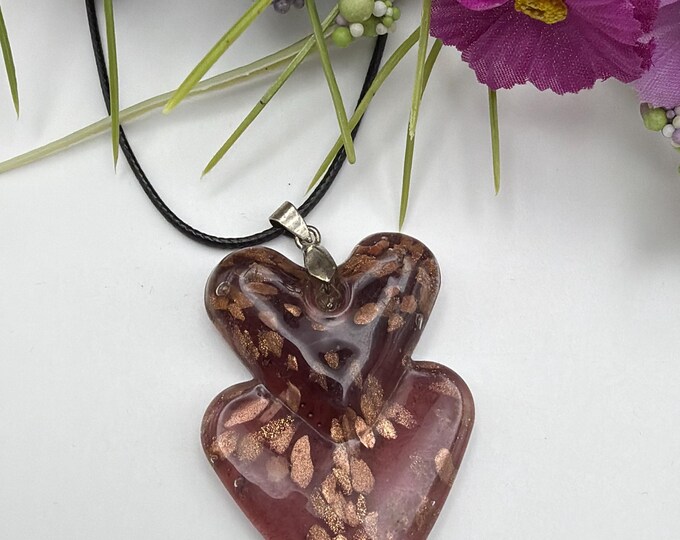 Purple/Gold Double Heart Pendant | Lampwork Glass Heart Pendant Necklace